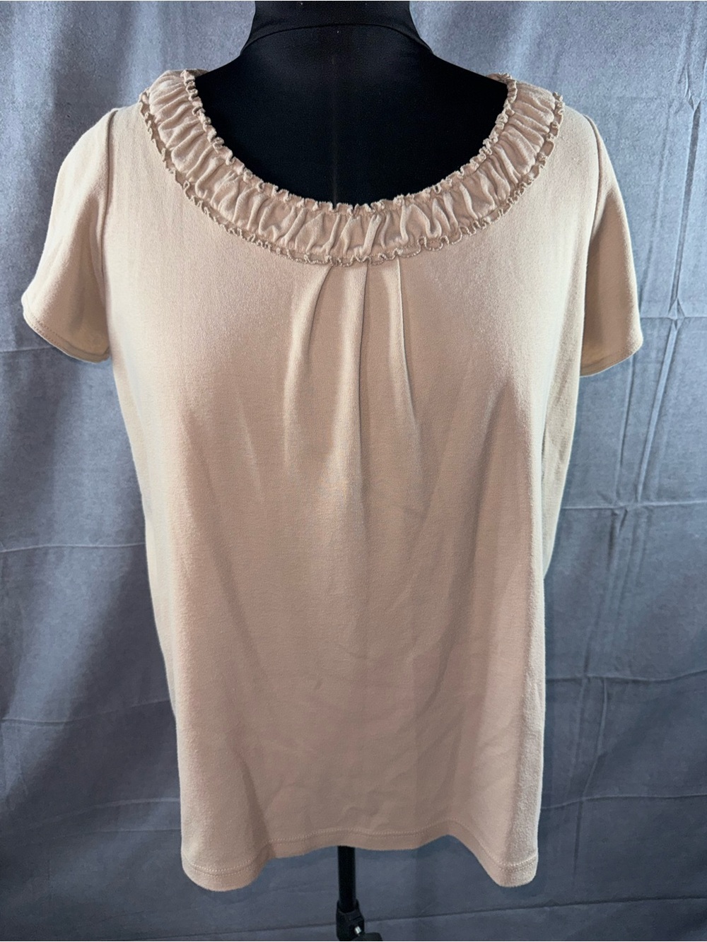3076-Only Necessities Cream Short Sleeve Ruffle Neck Top